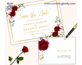 Burgundy Save the Date card printable template,Ivory Save the Date,(124)